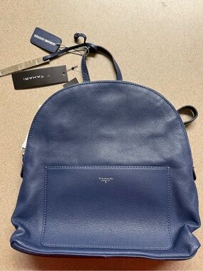 Tahari Navy Blue Pebbled Genuine Leather Backpack